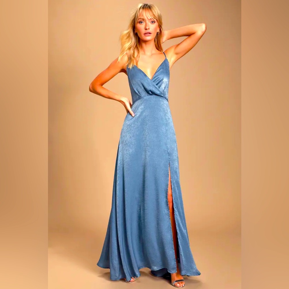 Lulus Constantine Slate Blue Satin Maxi Dress | XL